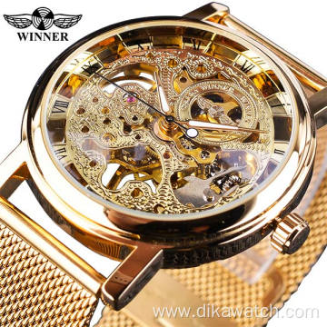 Top Brand Winner Thin Case Full Golden Watch Openwork Clock Mesh Band Men's Mechanical Watches Luminous Hands Relogio Masculino